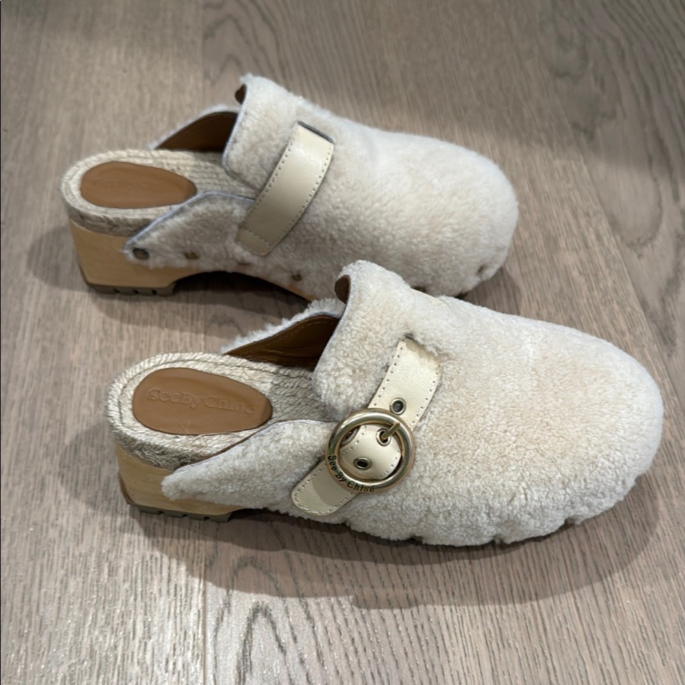 Cream Shearling Clogs with Buckle